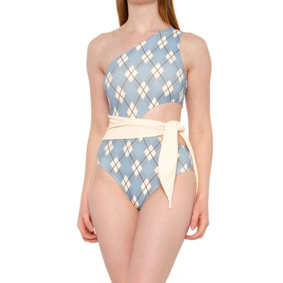 Beach Riot Women's Ivory Argyle Carlie Asymmetric One-Piece Swimsuit Size Large